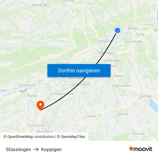 Stüsslingen to Koppigen map