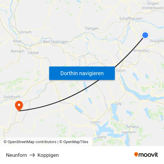 Neunforn to Koppigen map
