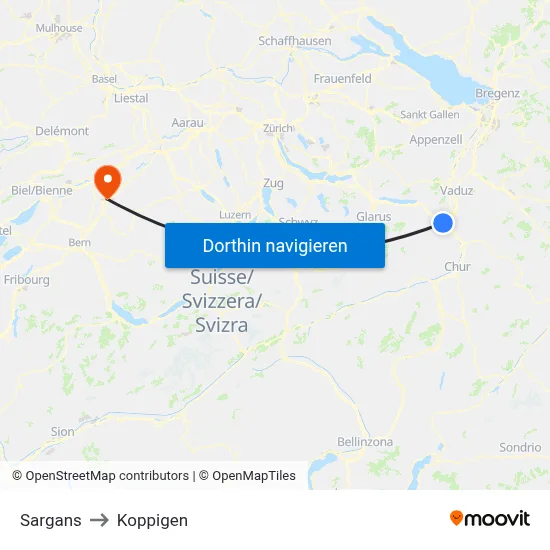 Sargans to Koppigen map