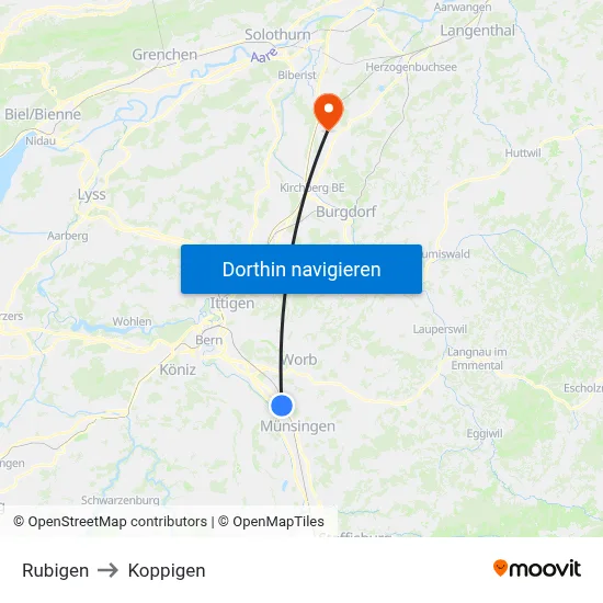 Rubigen to Koppigen map