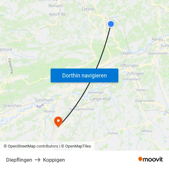 Diepflingen to Koppigen map