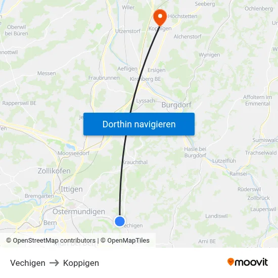 Vechigen to Koppigen map