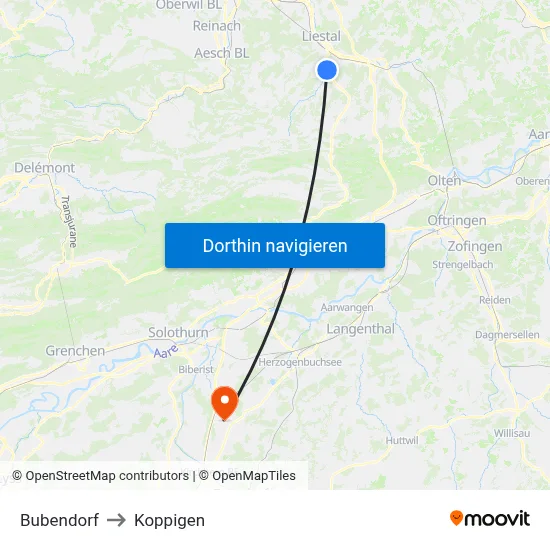 Bubendorf to Koppigen map