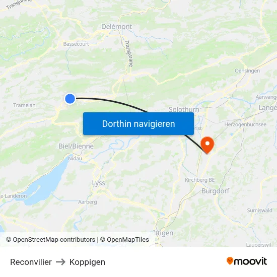 Reconvilier to Koppigen map