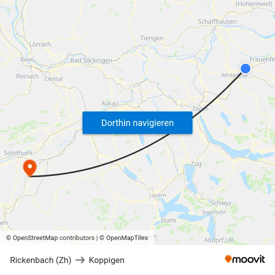 Rickenbach (Zh) to Koppigen map