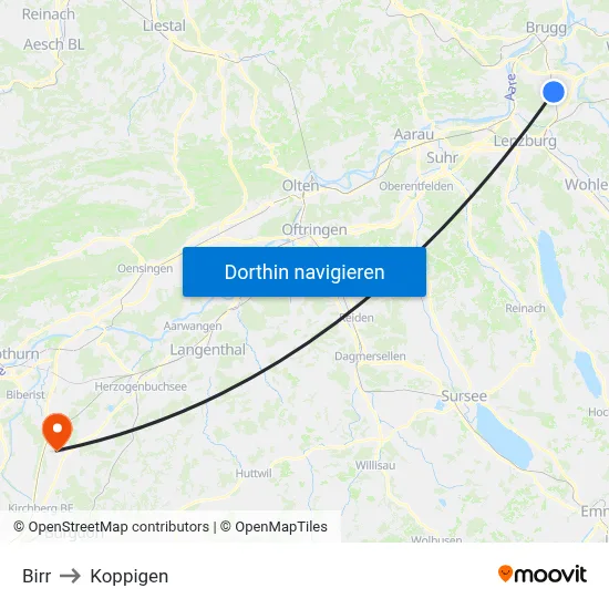 Birr to Koppigen map