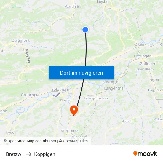 Bretzwil to Koppigen map