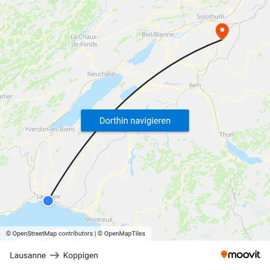 Lausanne to Koppigen map