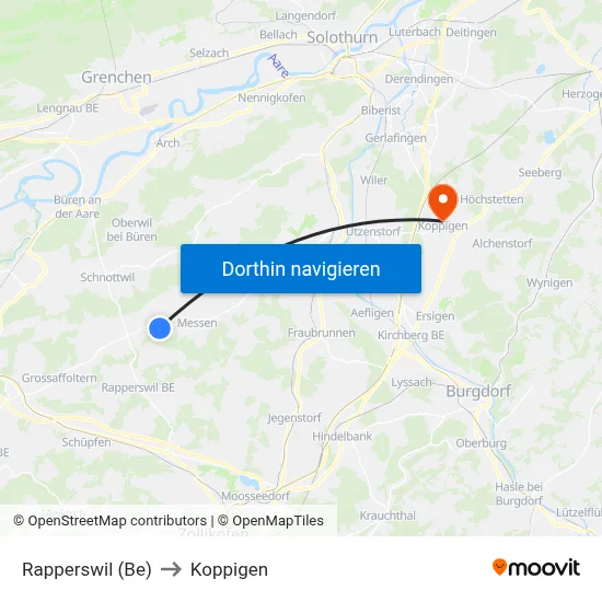 Rapperswil (Be) to Koppigen map
