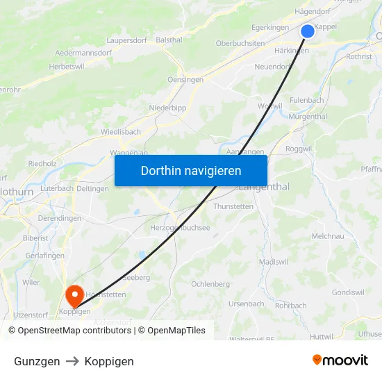 Gunzgen to Koppigen map