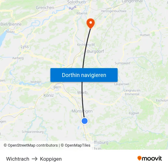 Wichtrach to Koppigen map