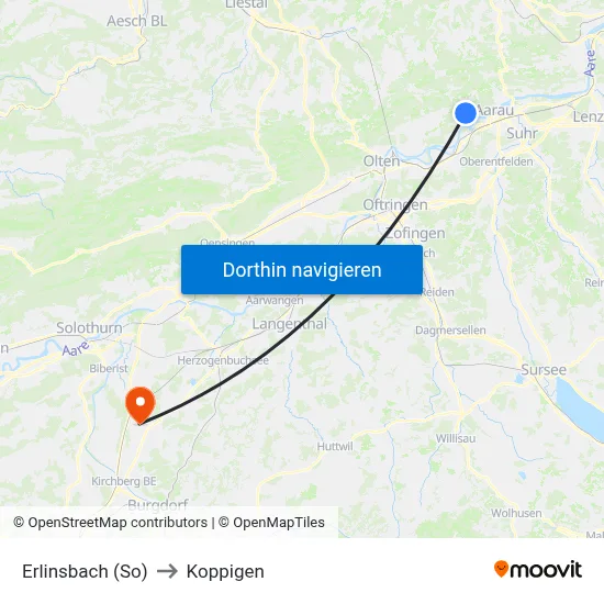Erlinsbach (So) to Koppigen map