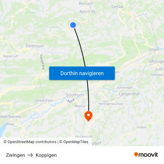 Zwingen to Koppigen map