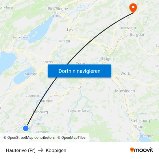 Hauterive (Fr) to Koppigen map