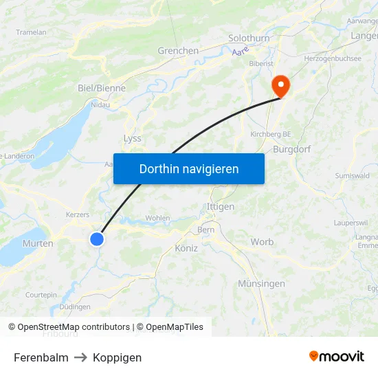 Ferenbalm to Koppigen map