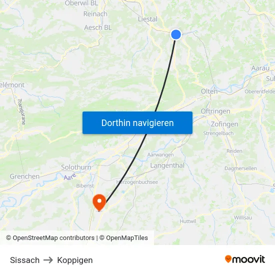 Sissach to Koppigen map