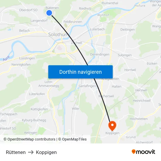 Rüttenen to Koppigen map