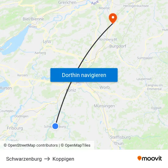 Schwarzenburg to Koppigen map