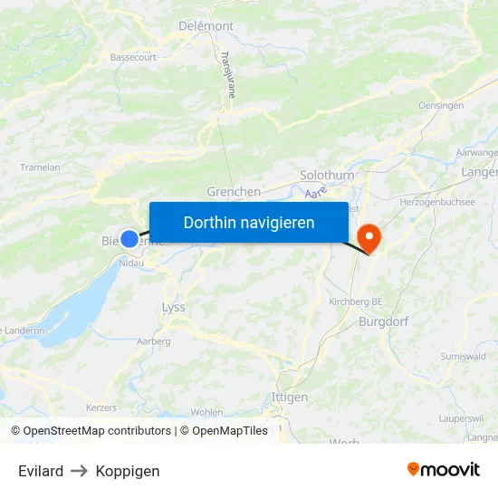 Evilard to Koppigen map