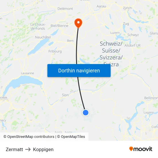Zermatt to Koppigen map