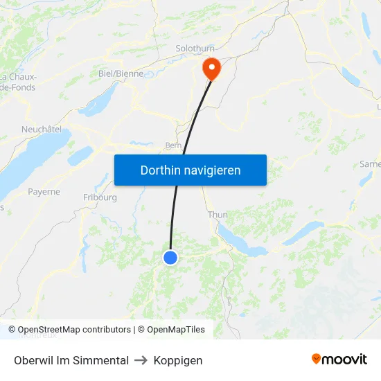 Oberwil Im Simmental to Koppigen map