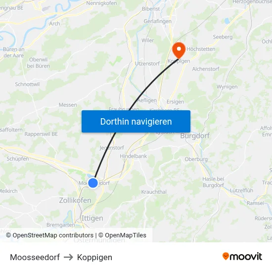 Moosseedorf to Koppigen map