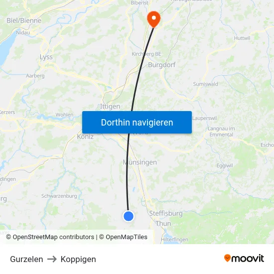Gurzelen to Koppigen map