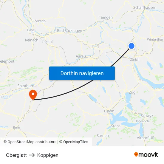 Oberglatt to Koppigen map
