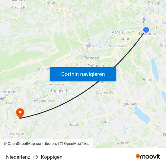 Niederlenz to Koppigen map
