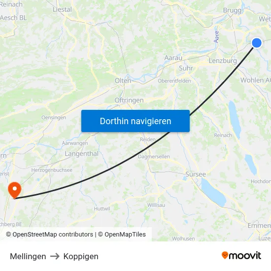 Mellingen to Koppigen map