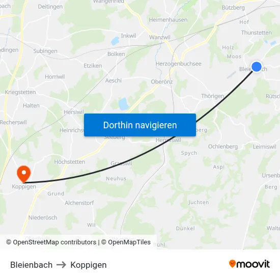 Bleienbach to Koppigen map