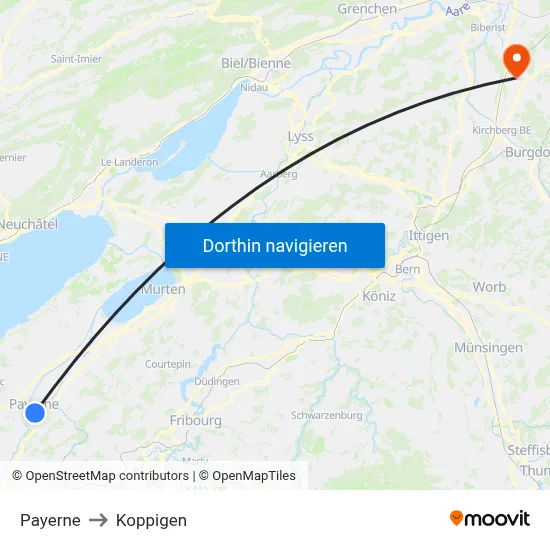 Payerne to Koppigen map