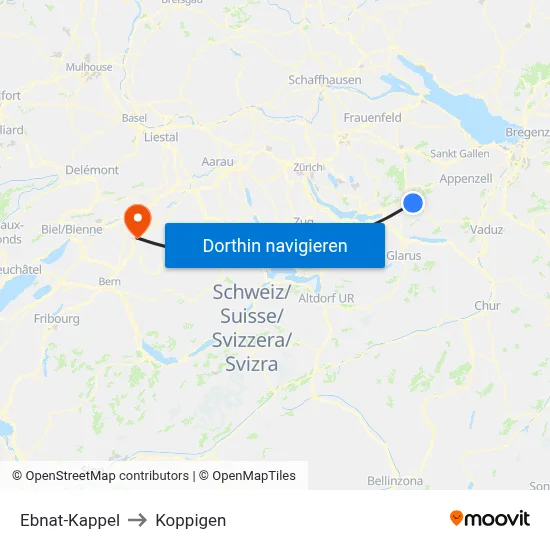 Ebnat-Kappel to Koppigen map