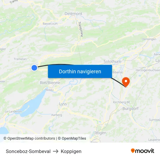 Sonceboz-Sombeval to Koppigen map