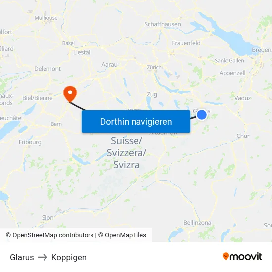 Glarus to Koppigen map