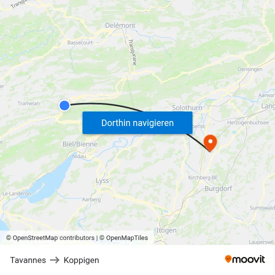 Tavannes to Koppigen map