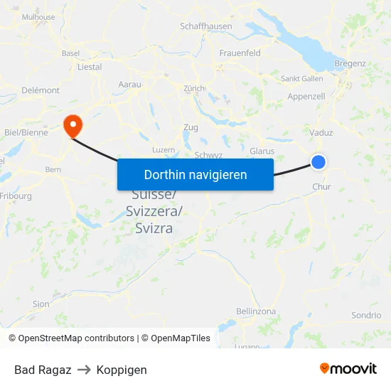 Bad Ragaz to Koppigen map