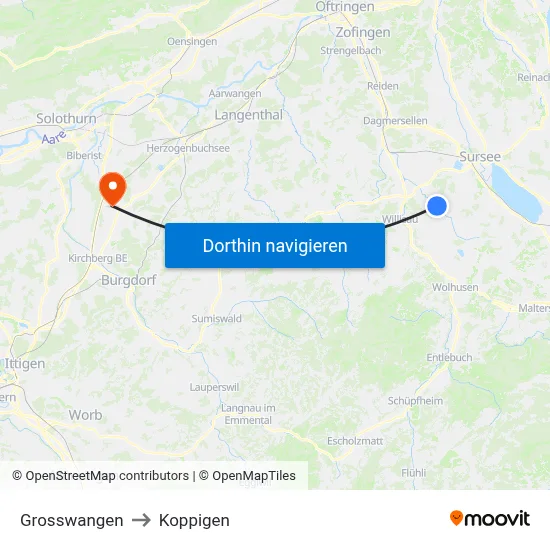 Grosswangen to Koppigen map