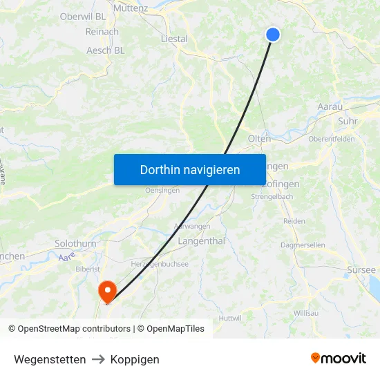 Wegenstetten to Koppigen map