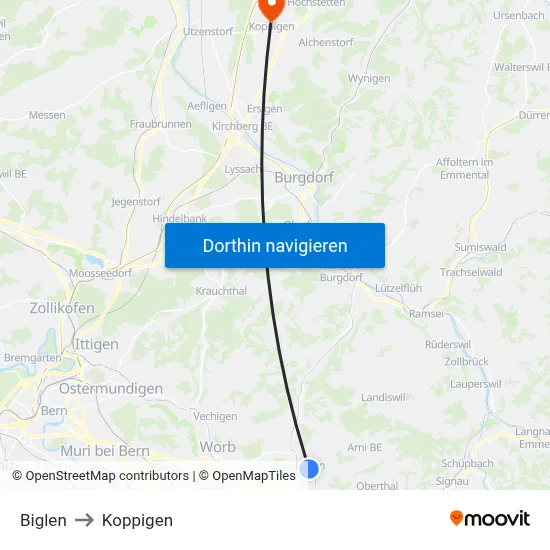 Biglen to Koppigen map