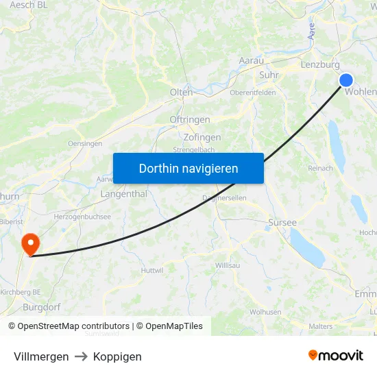 Villmergen to Koppigen map