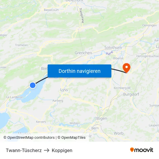 Twann-Tüscherz to Koppigen map