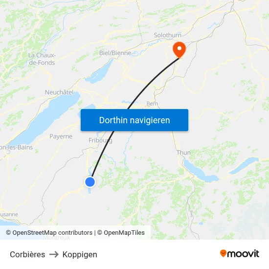 Corbières to Koppigen map