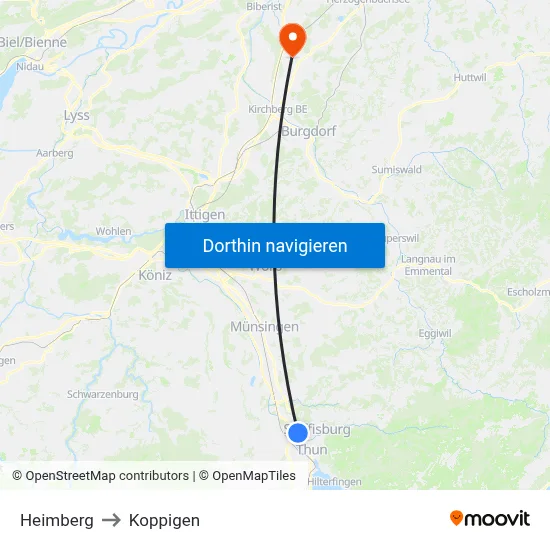 Heimberg to Koppigen map
