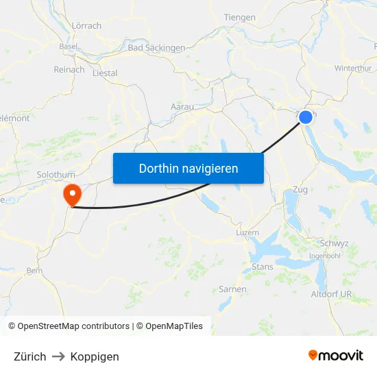 Zürich to Koppigen map