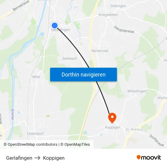 Gerlafingen to Koppigen map
