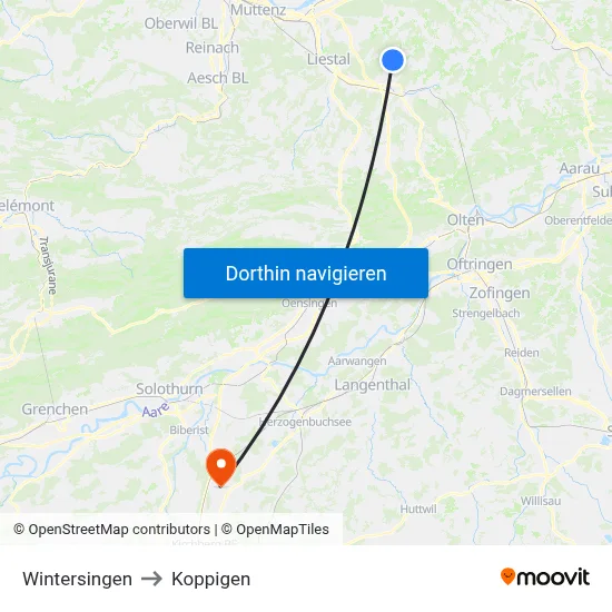 Wintersingen to Koppigen map