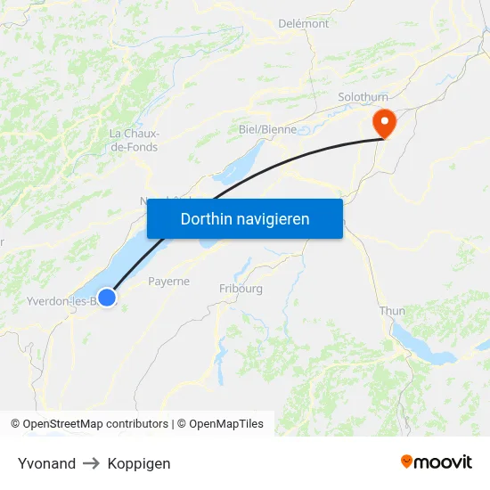Yvonand to Koppigen map