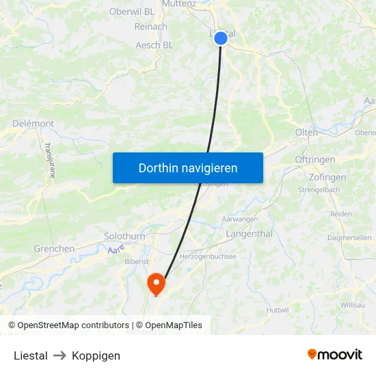 Liestal to Koppigen map