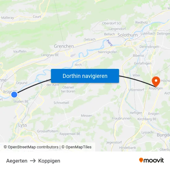 Aegerten to Koppigen map